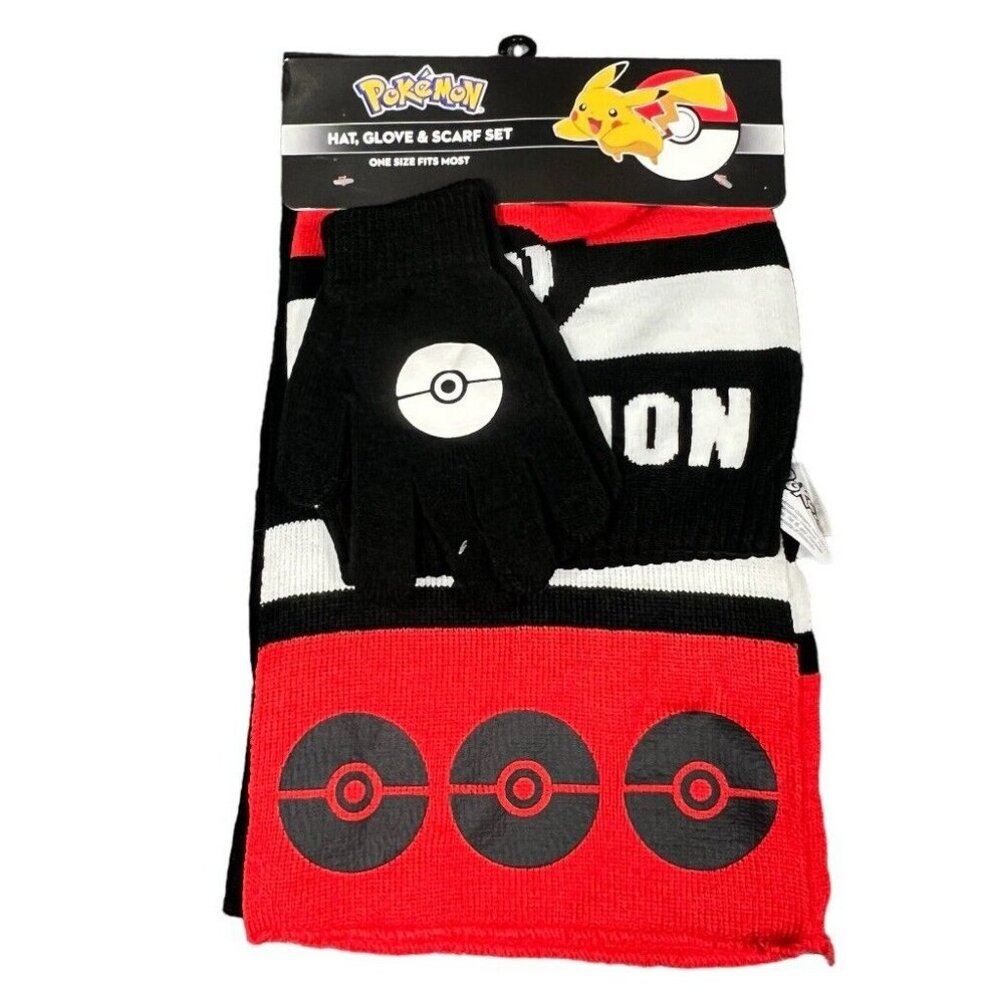 Pokemon Hat Glove & Scarf Set Bioworld One Size Fits Most Unisex Black Red - Picture 1 of 9